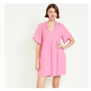 NWT Old Navy Split-Neck Crinkle Gauze Mini Swing Pink Cotton Dress Beach Sz M
